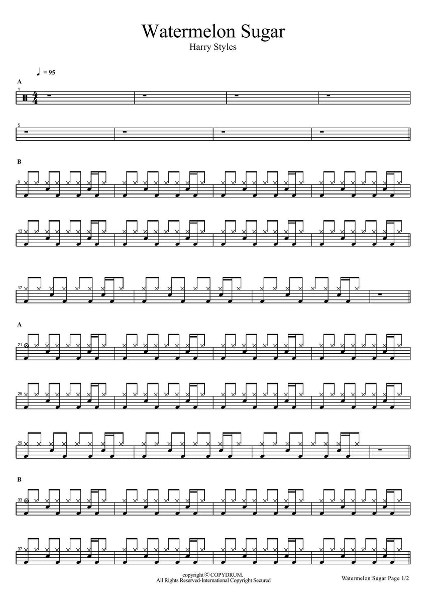 Watermelon Sugar - Harry Styles - Full Drum Transcription / Drum Sheet ...