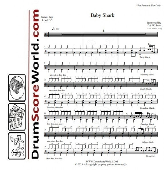 Baby Shark - Pinkfong (핑크퐁) - Drum Sheet Music - DrumScoreWorld.com ...