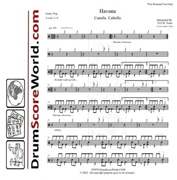 Havana Camila Cabello Drum Sheet Music