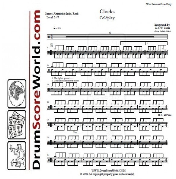 Clocks Coldplay Drum Sheet Music