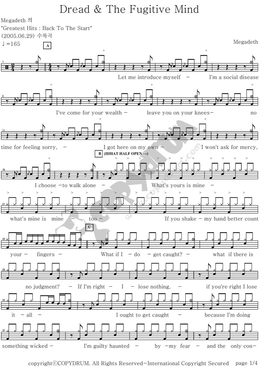 Dread and the Fugitive Mind - Megadeth - Drum Sheet Music