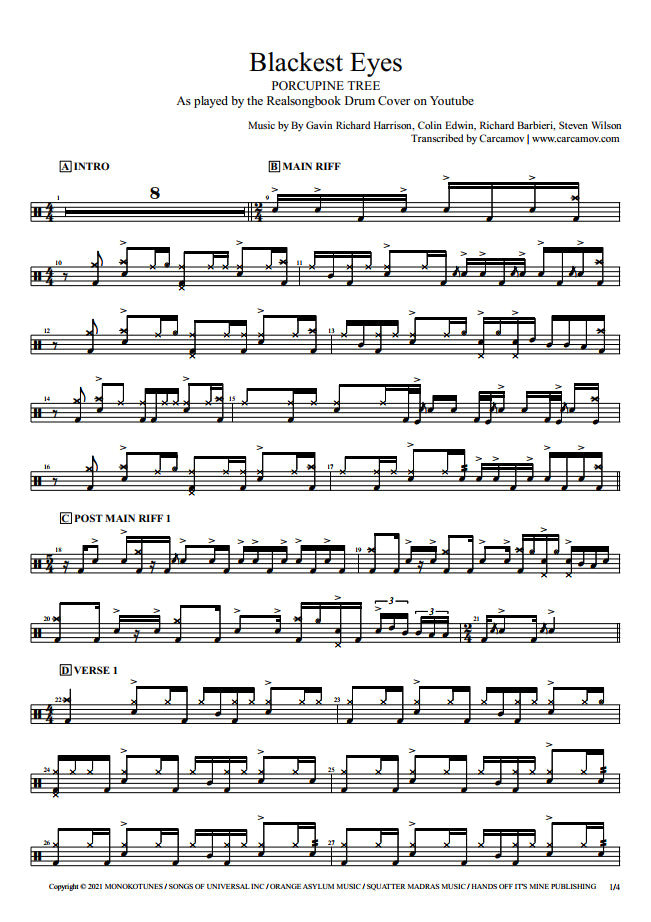 Blackest Eyes - Porcupine Tree - Drum Sheet Music - Realsongbook ...