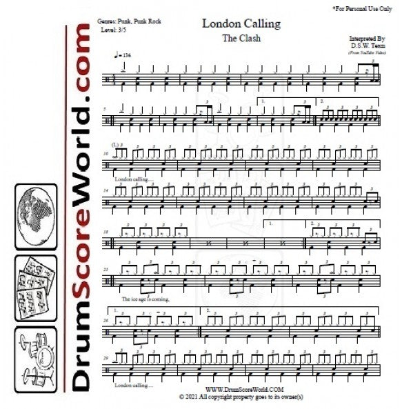 London Calling The Clash Drum Sheet Music Drumsetsheetmusic 1274