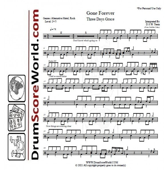 Gone Forever - Three Days Grace - Drum Sheet Music - DrumScoreWorld.com ...