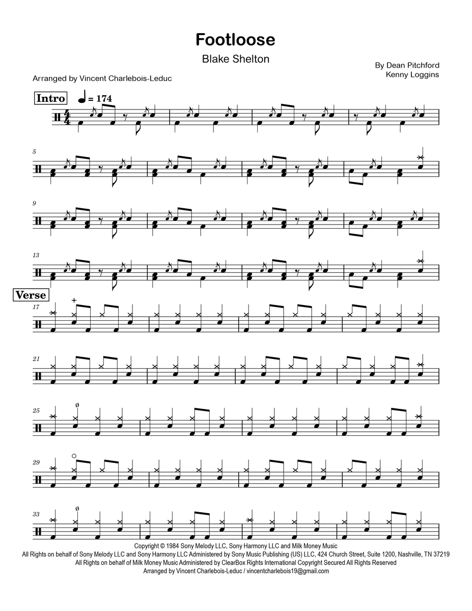 Footloose - Blake Shelton - Drum Sheet Music - Vince's Scores