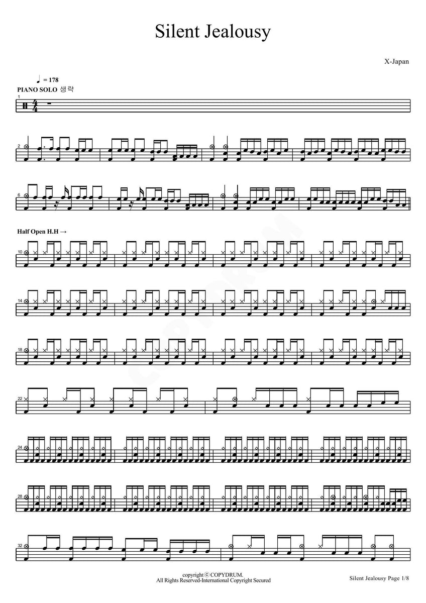 Silent Jealousy - X Japan (エックス・ジャパン) - Drum Sheet Music