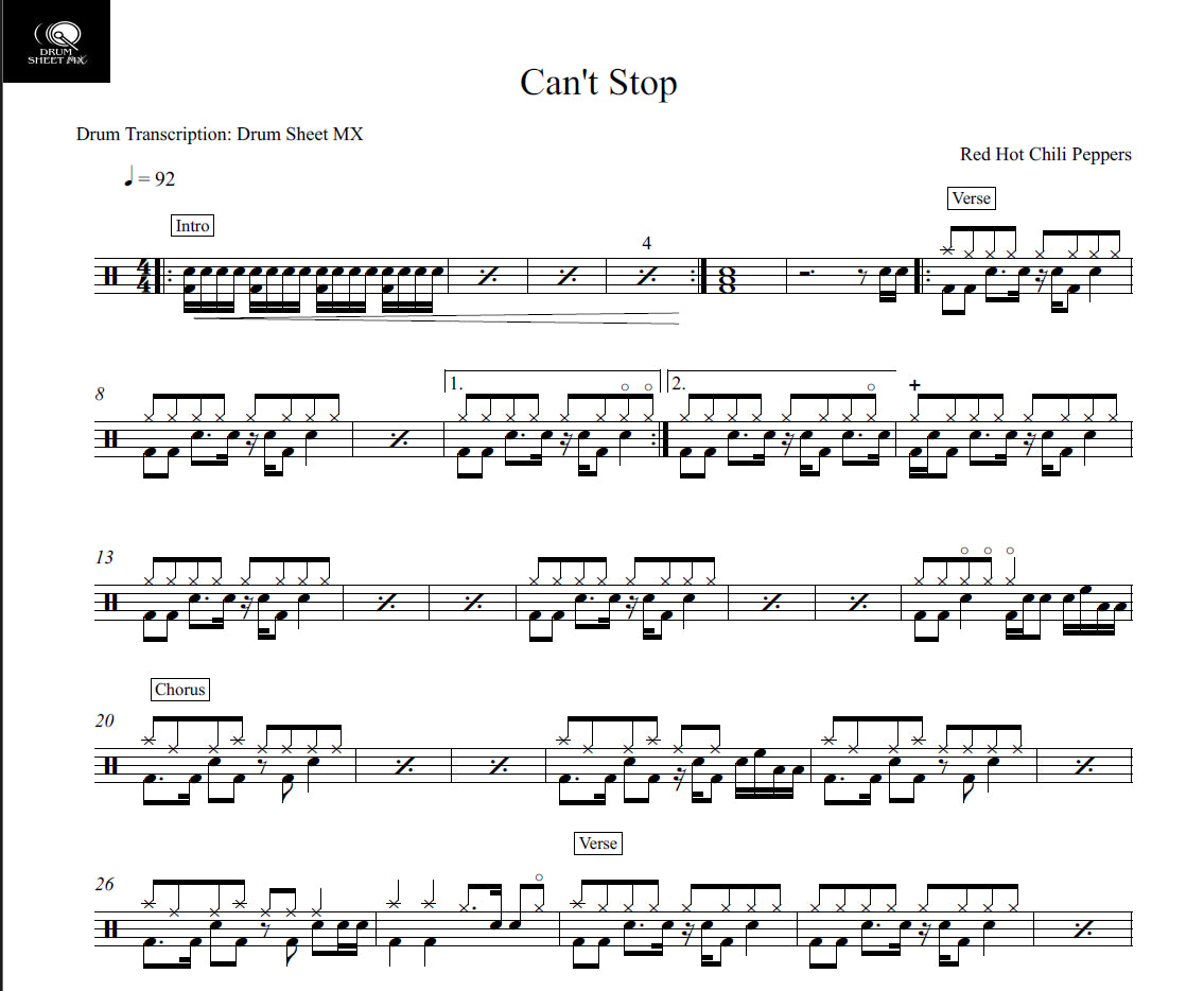 Can't Stop Red Hot Chili Peppers Drum Sheet Music Drum Sheet MX