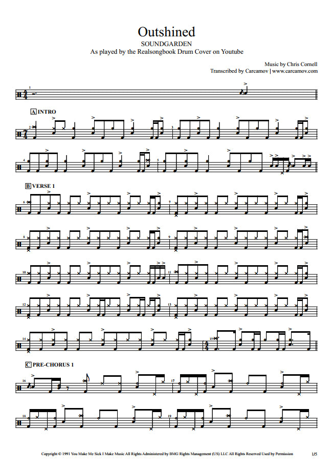Outshined Soundgarden Drum Sheet Music Realsongbook