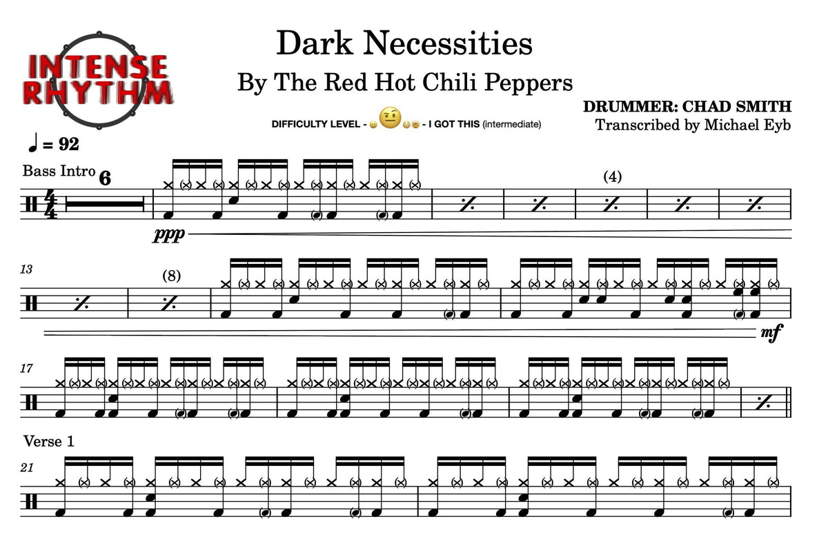 Dark Necessities Red Hot Chili Peppers Drum Sheet Music Intense