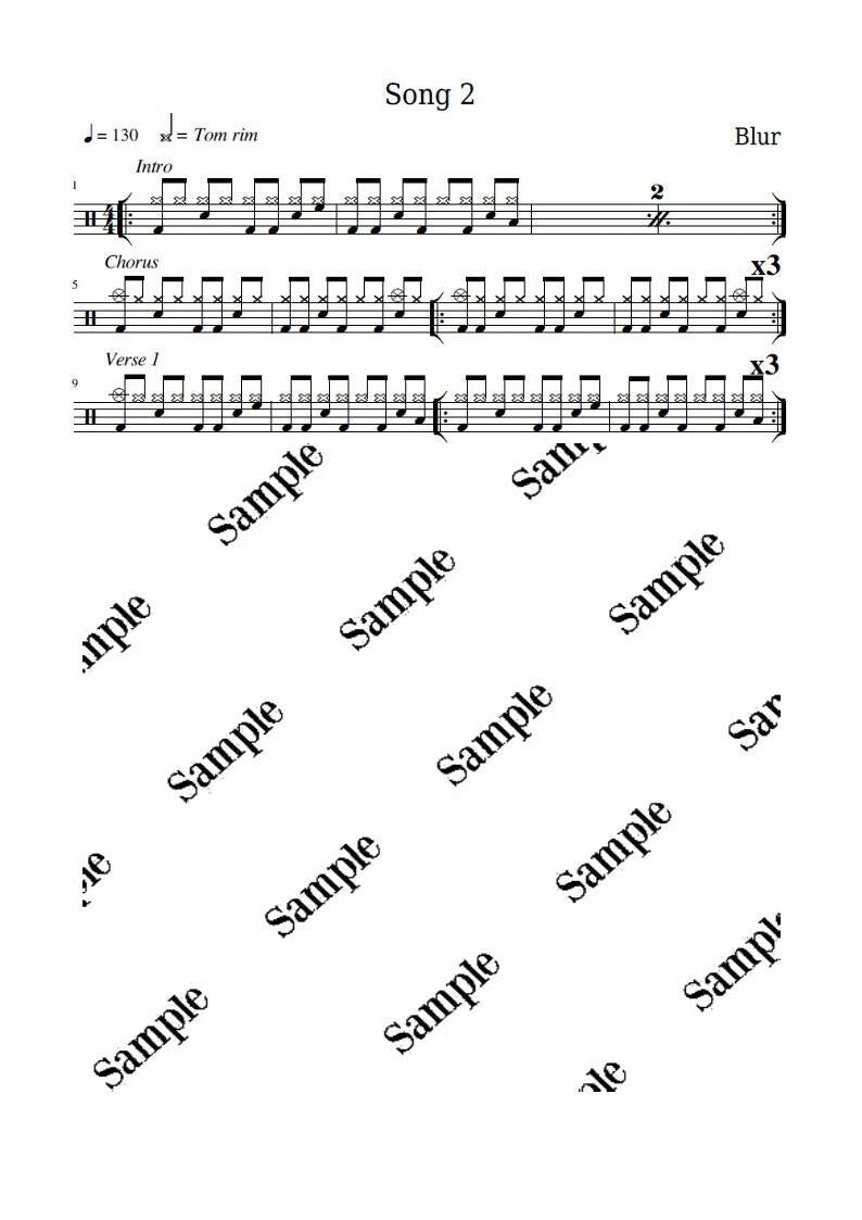 Song 2 Blur Drum Sheet Music KiwiDrums DrumSetSheetMusic