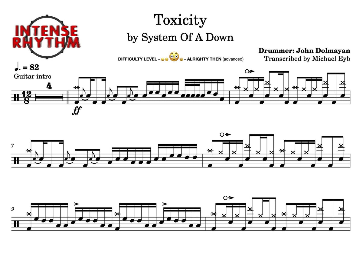 Toxicity System of a Down Full Drum Transcription Drum Sheet Music Intense Rhythm Drum Studios