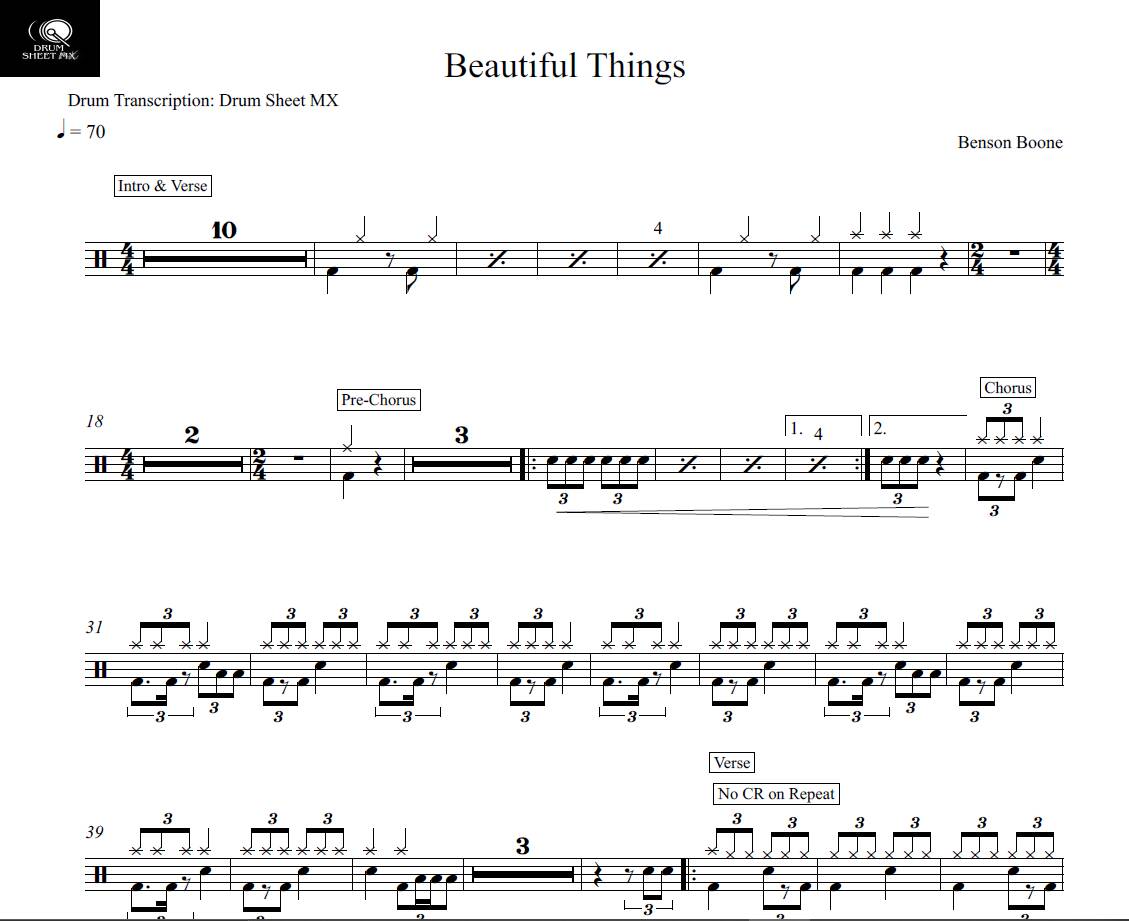 Beautiful Things - Benson Boone - Drum Sheet Music - Drum Sheet Mx 