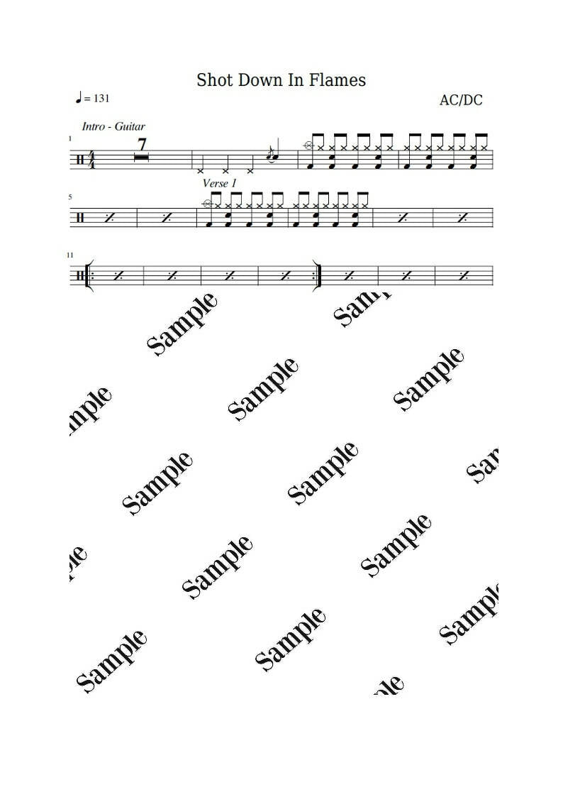 Shot Down in Flames AC/DC Drum Sheet Music KiwiDrums