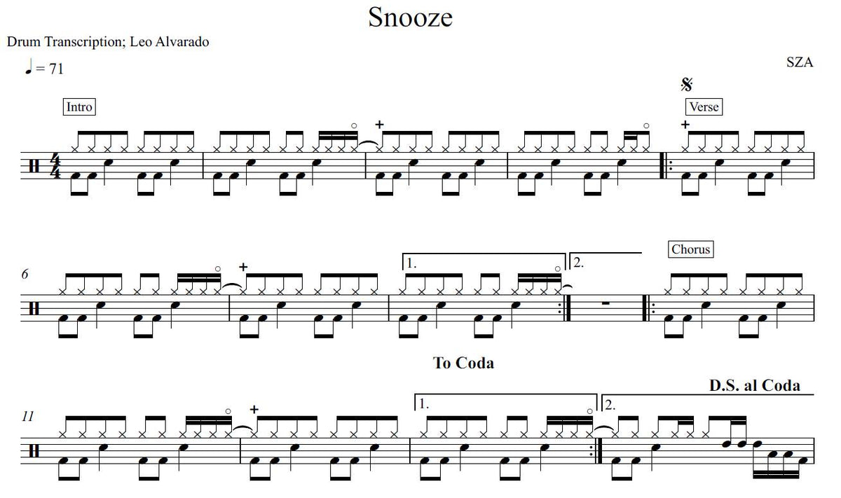 Snooze - SZA - Drum Sheet Music - Leo Alvarado – DrumSetSheetMusic