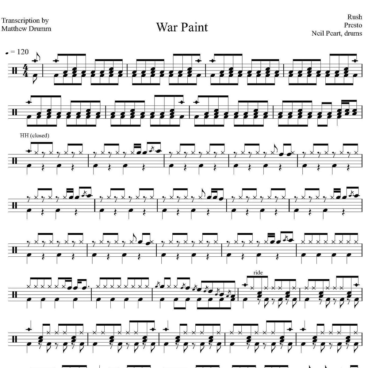 War Paint Rush Drum Sheet Music Drumm Transcriptions