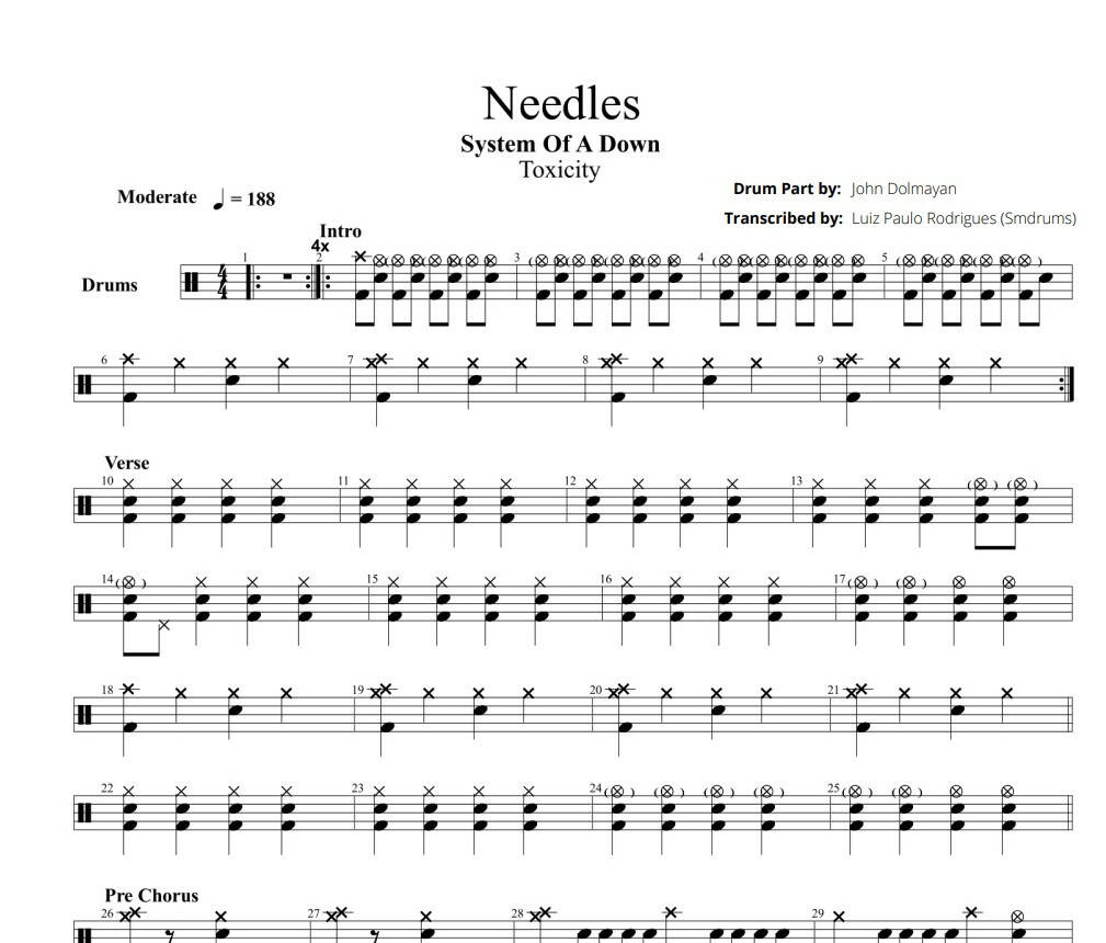 Needles - System of a Down - Drum Sheet Music - Smdrums – DrumSetSheetMusic