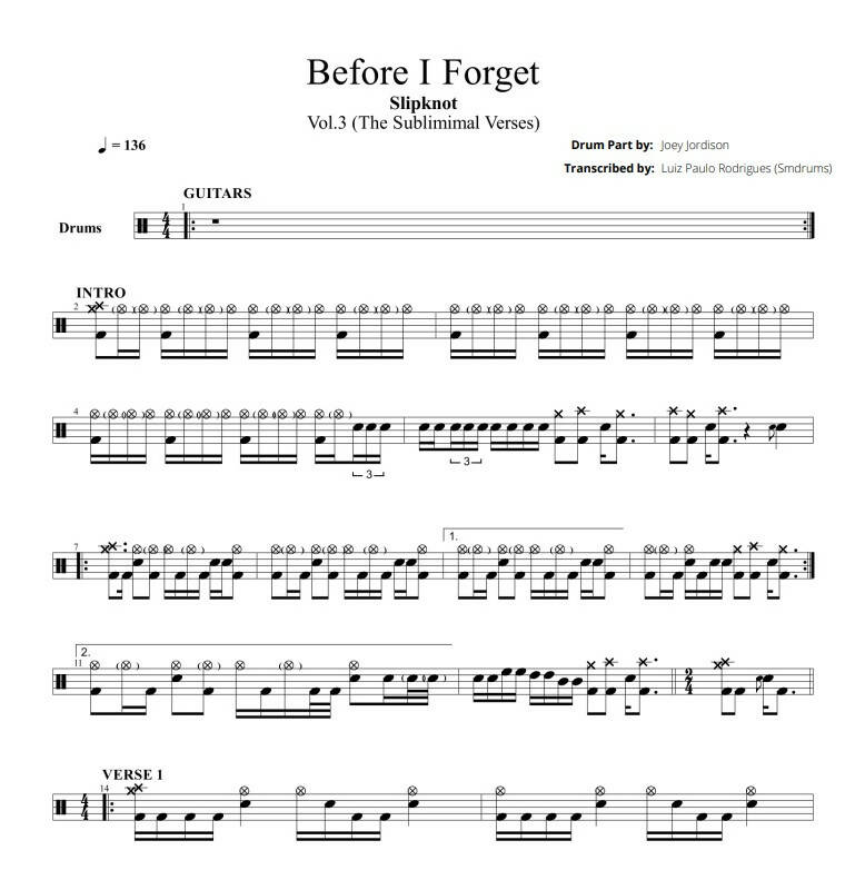 Before I Forget Slipknot Drum Sheet Music Smdrums Drumsetsheetmusic