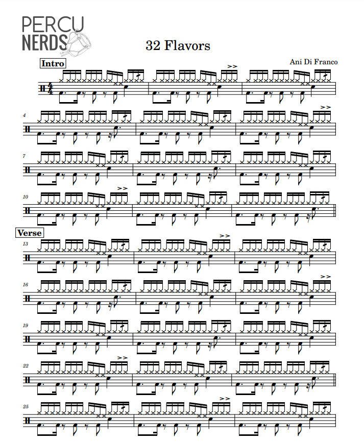32 Flavors Ani DiFranco Drum Sheet Music Percunerds
