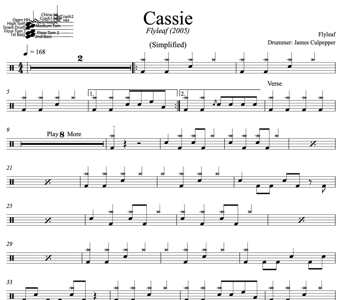 Cassie - Flyleaf - Drum Sheet Music - DrumSetSheetMusic.com for Free Printable Drum Sheet Music