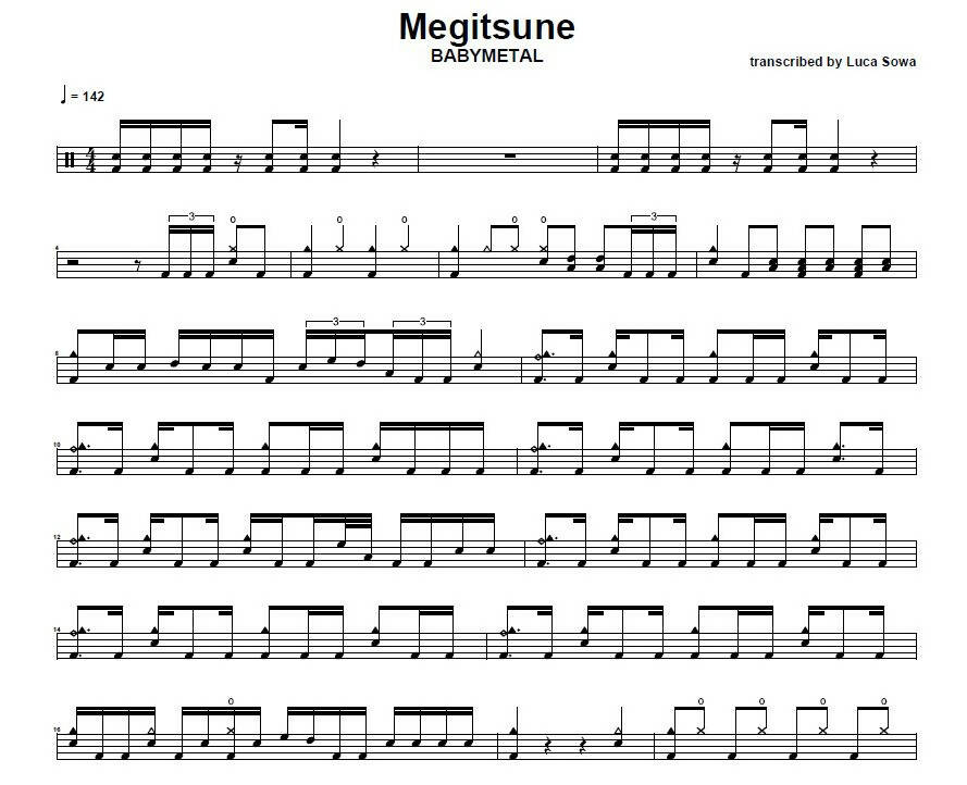 Megitsune (メギツネ) Babymetal (ベビーメタル) Drum Sheet Music Luca Sowa