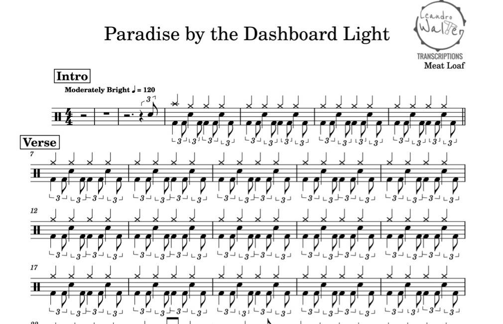 Paradise by the Dashboard Light - Meat Loaf - Full Drum Transcription / Drum Sheet Music - Percunerds Transcriptions