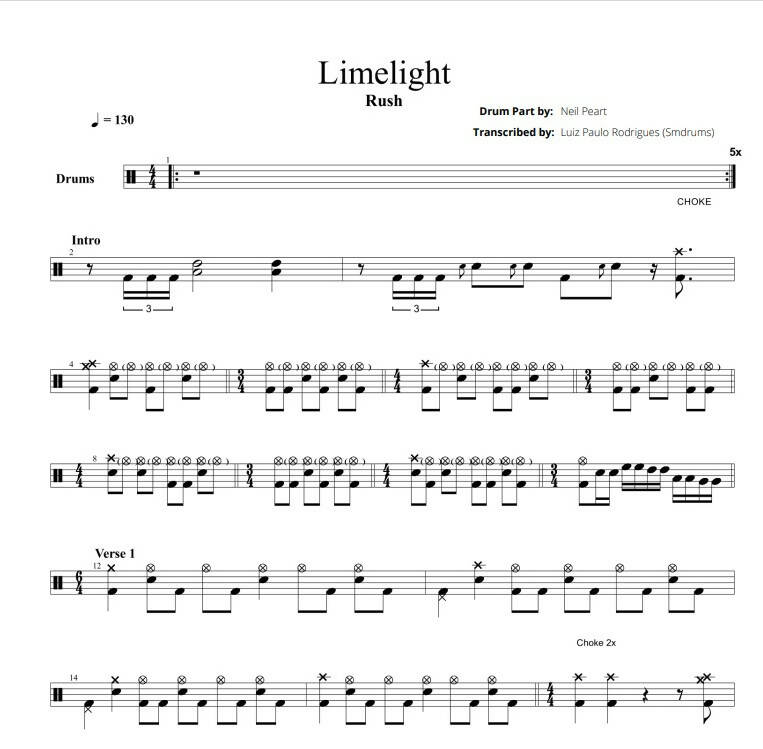 Limelight Rush Drum Sheet Music Smdrums DrumSetSheetMusic