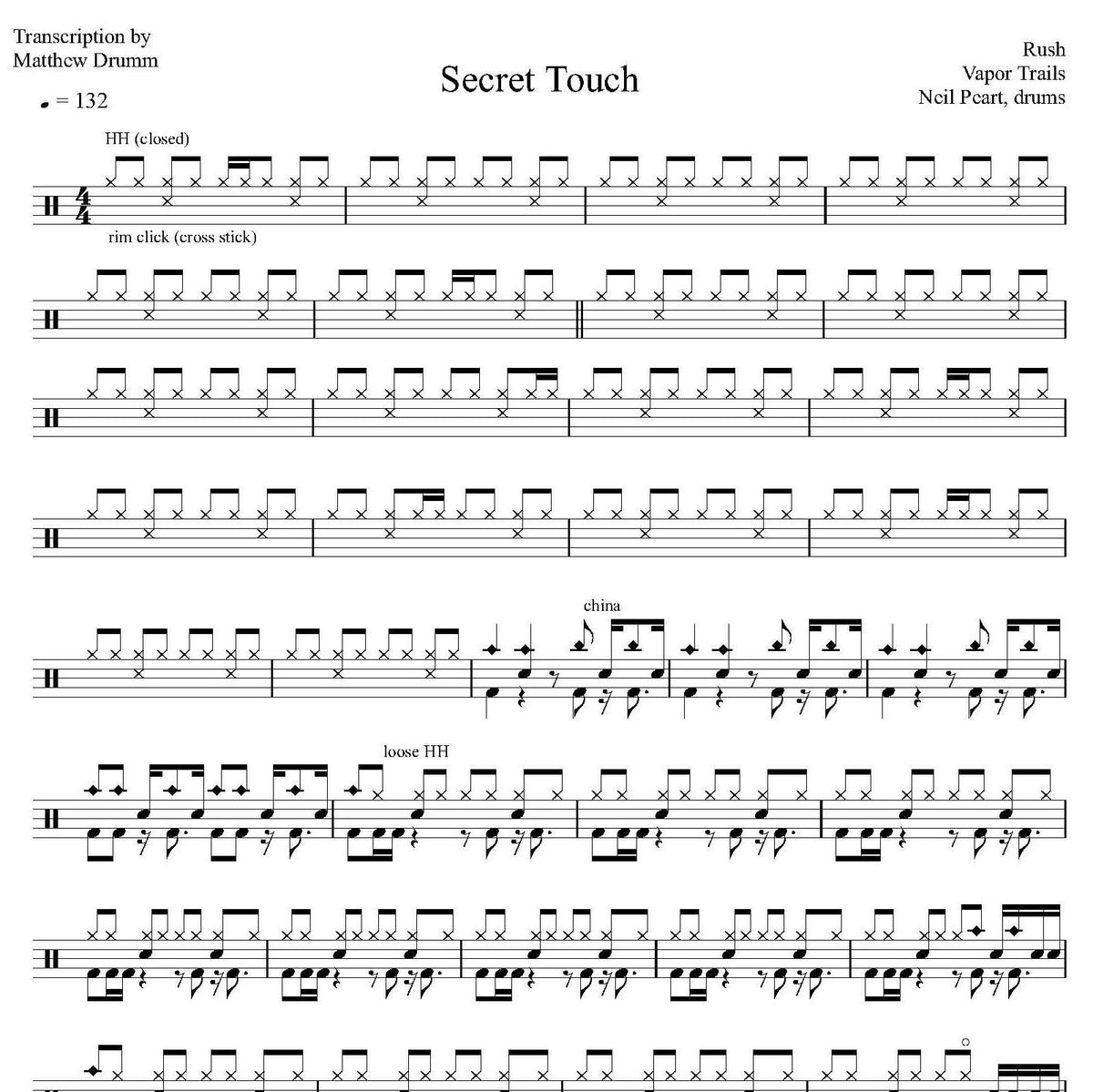 Secret Touch Rush Drum Sheet Music Drumm Transcriptions