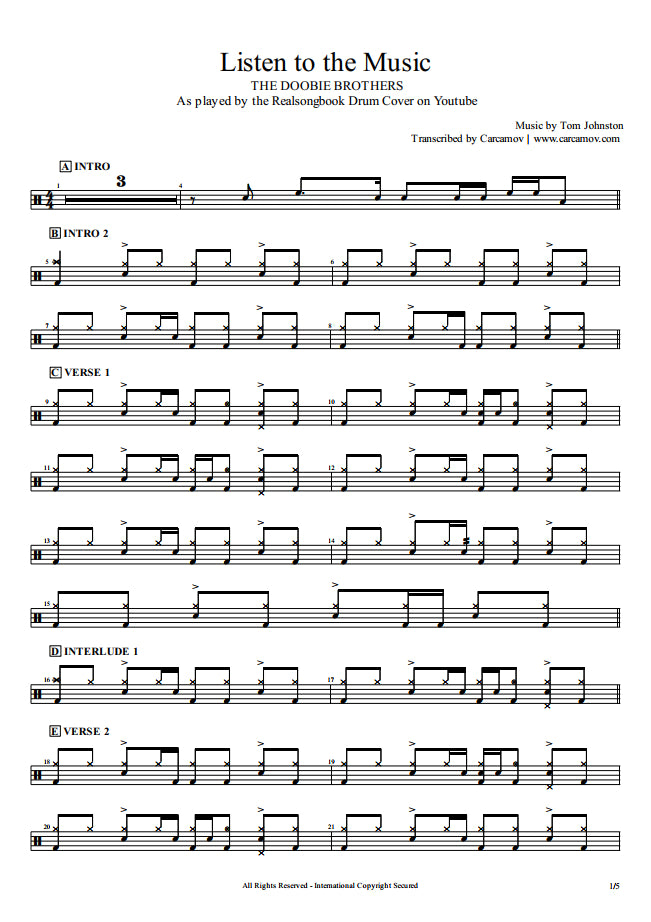 Listen to the Music - The Doobie Brothers - Full Drum Transcription / Drum Sheet Music - Realsongbook