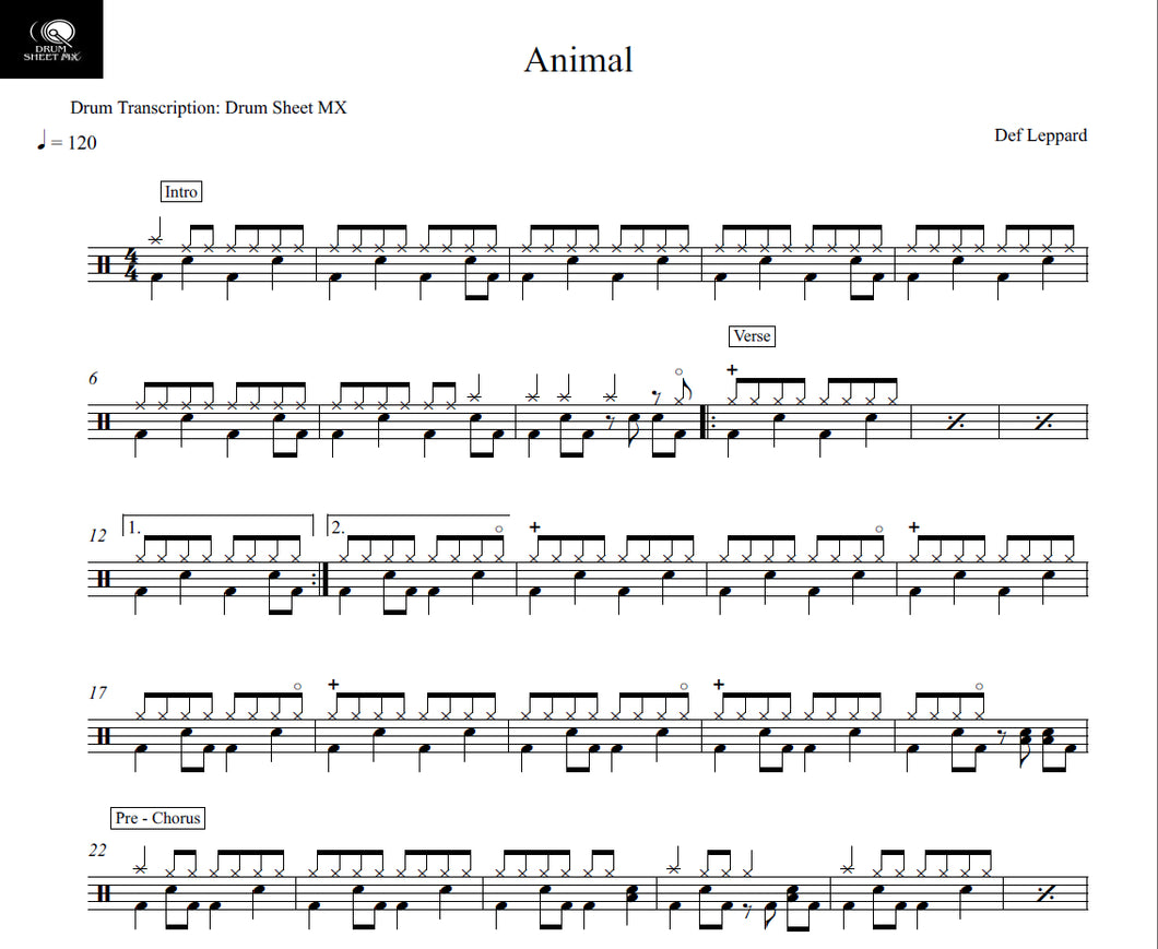 Animal - Def Leppard - Full Drum Transcription / Drum Sheet Music - Drum Sheet MX