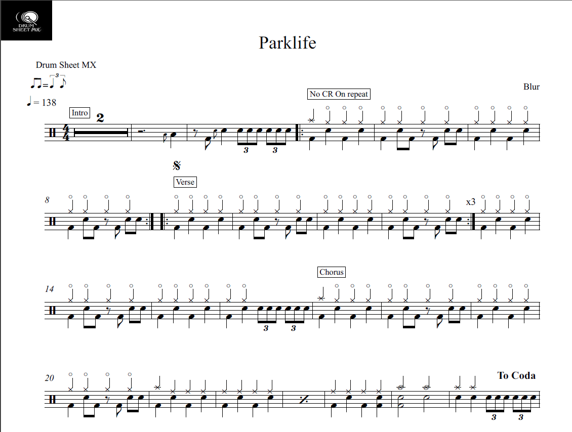 Parklife Blur Drum Sheet Music Drum Sheet MX DrumSetSheetMusic