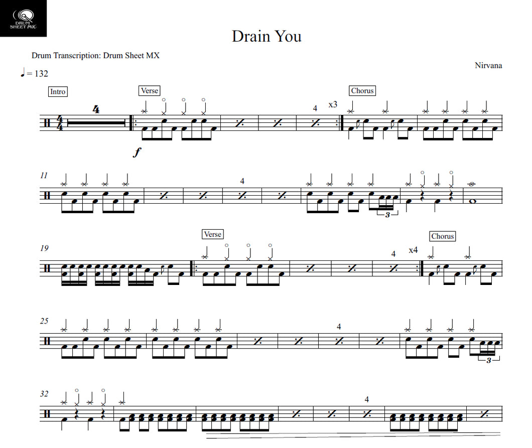 Drain You - Nirvana - Full Drum Transcription / Drum Sheet Music - Drum Sheet MX