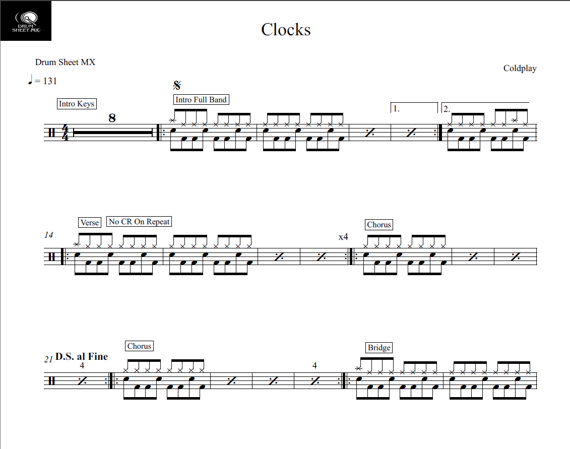 Clocks Coldplay Drum Sheet Music Drum Sheet MX DrumSetSheetMusic