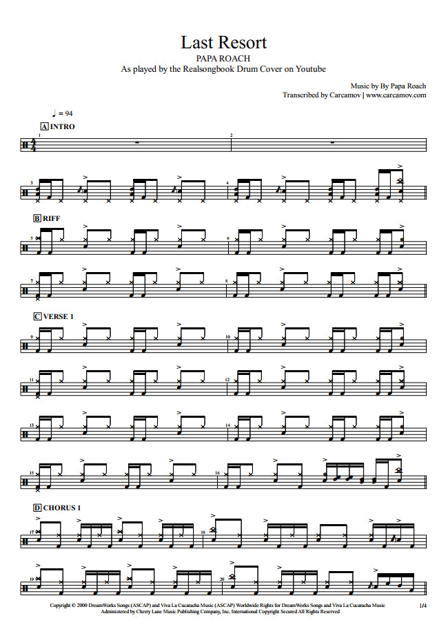 Last Resort - Papa Roach - Full Drum Transcription / Drum Sheet Music - Realsongbook