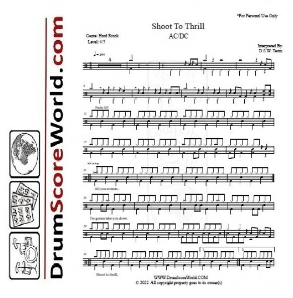 Shoot to Thrill - AC/DC - Full Drum Transcription / Drum Sheet Music - DrumScoreWorld.com