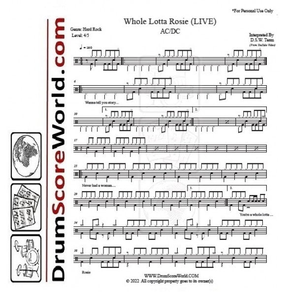 Whole Lotta Rosie - AC/DC - Drum Sheet Music - DrumScoreWorld.com ...