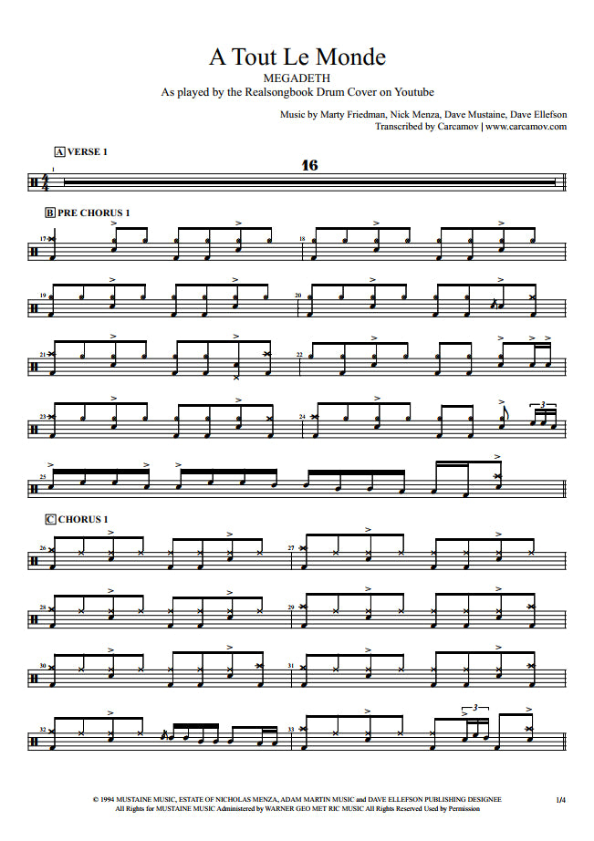 MEGADETH 楽譜集 A Tout Le Monde - Megadeth - Drum Sheet Music - Realsongbook