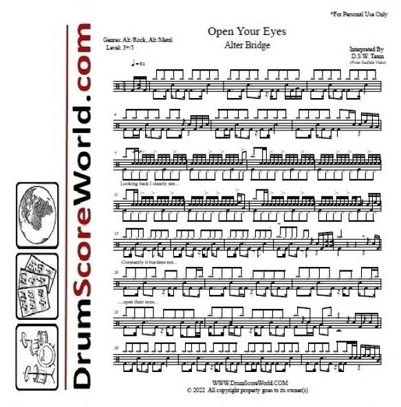 Open Your Eyes - Alter Bridge - Full Drum Transcription / Drum Sheet Music - DrumScoreWorld.com