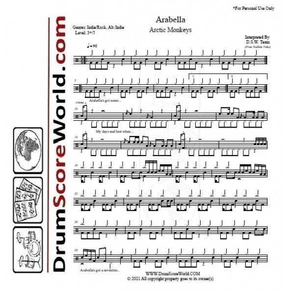 Arabella - Arctic Monkeys - Full Drum Transcription / Drum Sheet Music - DrumScoreWorld.com