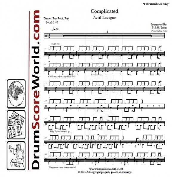 Complicated - Avril Lavigne - Full Drum Transcription / Drum Sheet Music - DrumScoreWorld.com