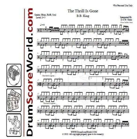 The Thrill Is Gone - B.B. King - Full Drum Transcription / Drum Sheet Music - DrumScoreWorld.com