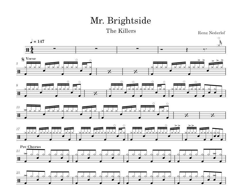 Mr. Brightside - The Killers - Full Drum Transcription / Drum Sheet Music - Renz Nederlof