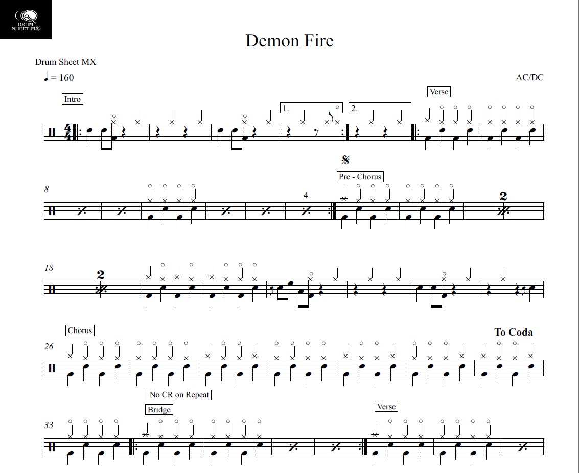 Demon Fire - AC/DC - Drum Sheet Music - Drum Sheet MX – DrumSetSheetMusic