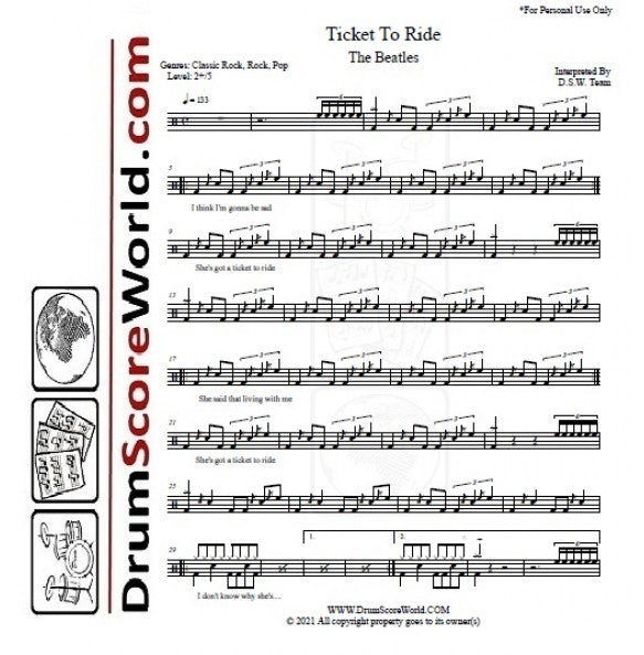 Ticket to Ride - The Beatles - Full Drum Transcription / Drum Sheet Music - DrumScoreWorld.com