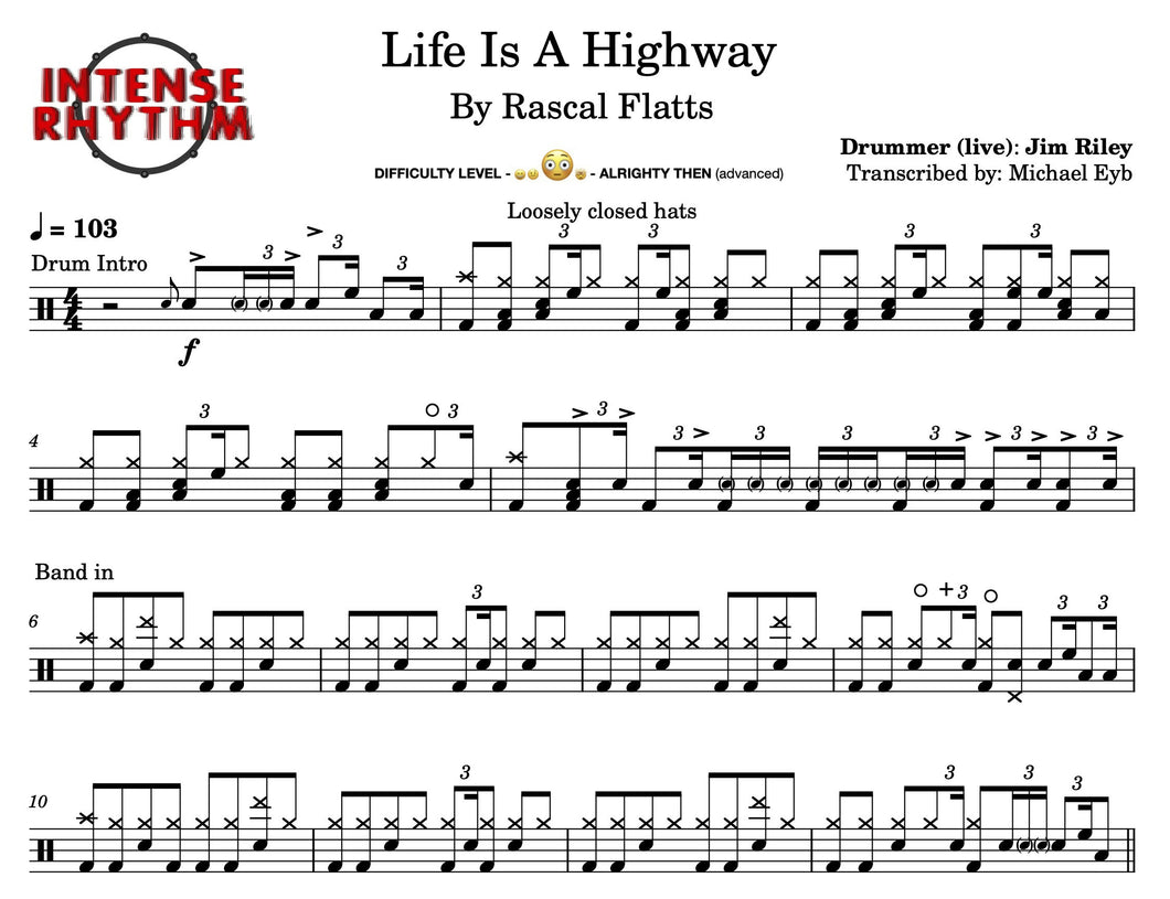 Life Is a Highway - Rascal Flatts - Full Drum Transcription / Drum Sheet Music - Intense Rhythm Drum Studios