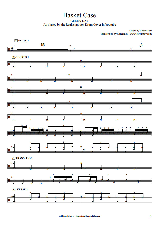 Basket Case - Green Day - Full Drum Transcription / Drum Sheet Music - Realsongbook