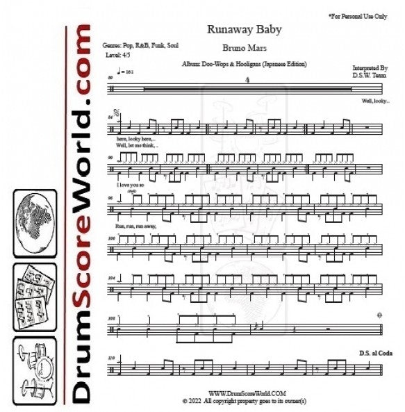 Runaway Baby - Bruno Mars - Full Drum Transcription / Drum Sheet Music - DrumScoreWorld.com