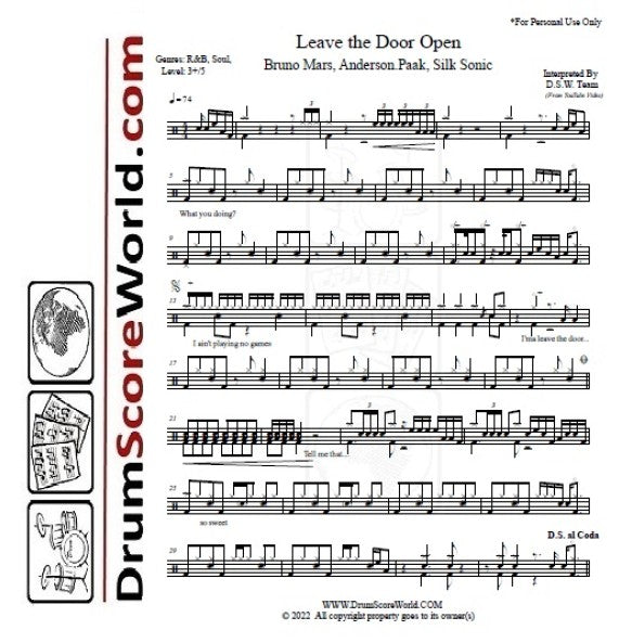 Leave the Door Open - Bruno Mars, Anderson .Paak & Silk Sonic - Full Drum Transcription / Drum Sheet Music - DrumScoreWorld.com