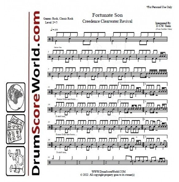 Fortunate Son - Creedence Clearwater Revival (CCR) - Full Drum Transcription / Drum Sheet Music - DrumScoreWorld.com