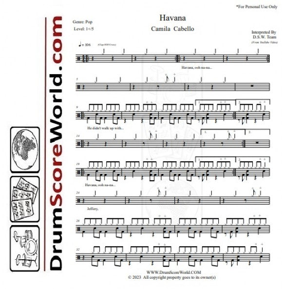 Havana - Camila Cabello - Full Drum Transcription / Drum Sheet Music - DrumScoreWorld.com
