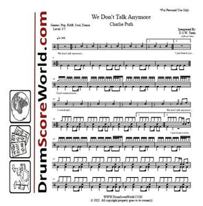We Don't Talk Anymore (feat. Selena Gomez) - Charlie Puth - Full Drum Transcription / Drum Sheet Music - DrumScoreWorld.com
